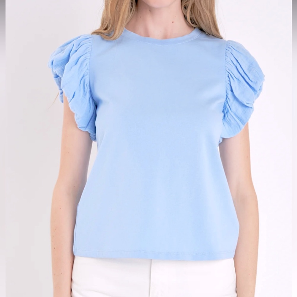 English Factory MIXED MEDIA T-SHIRT Size XS Powder Blue NWT - Picture 3 of 10
